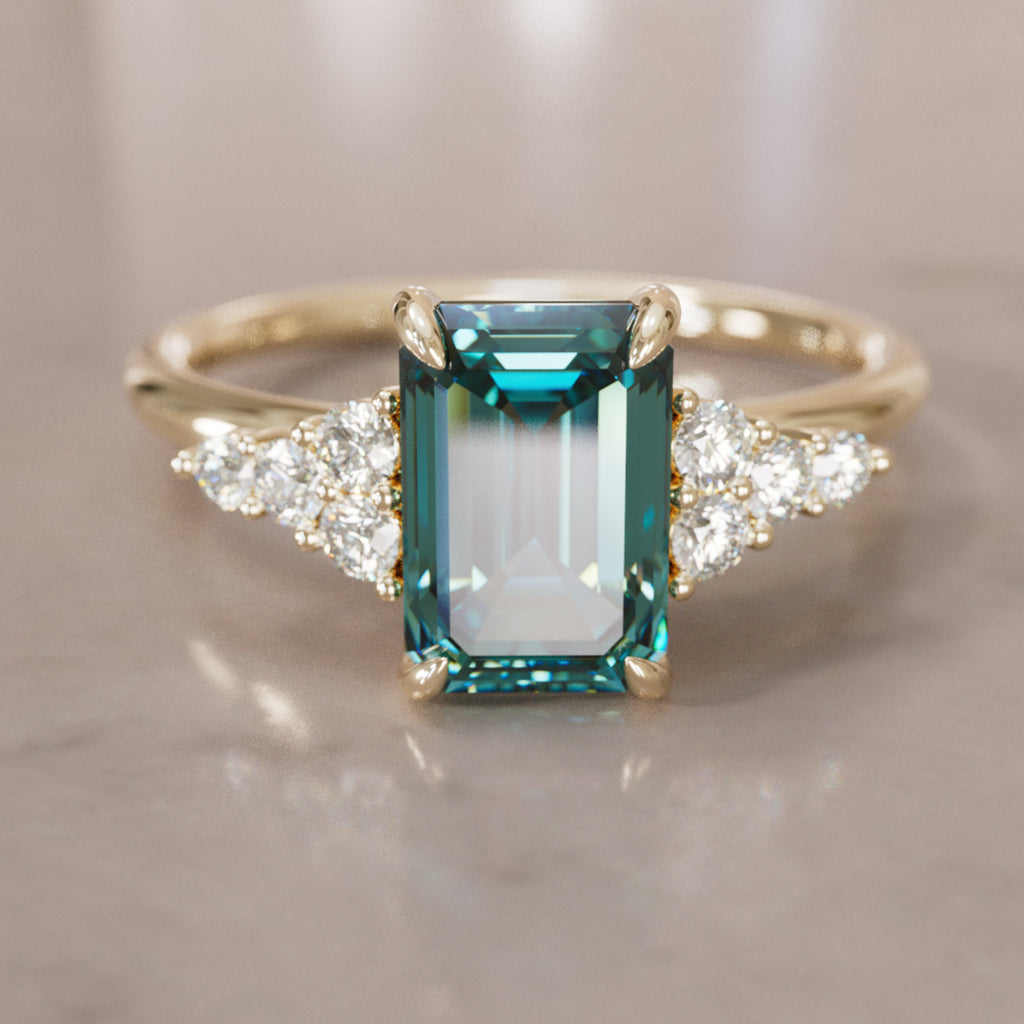 Unique Engagement Ring Five Stone Emerald Cut Teal Sapphire and Diamonds By Valley Rose