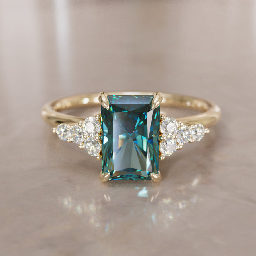 Unique Engagement Ring Five Stone Emerald Cut Teal Sapphire and Diamonds By Valley Rose
