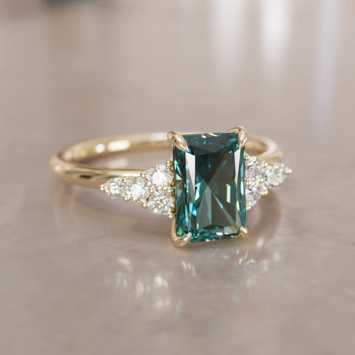 Unique Engagement Ring Five Stone Emerald Cut Teal Sapphire and Diamonds By Valley Rose