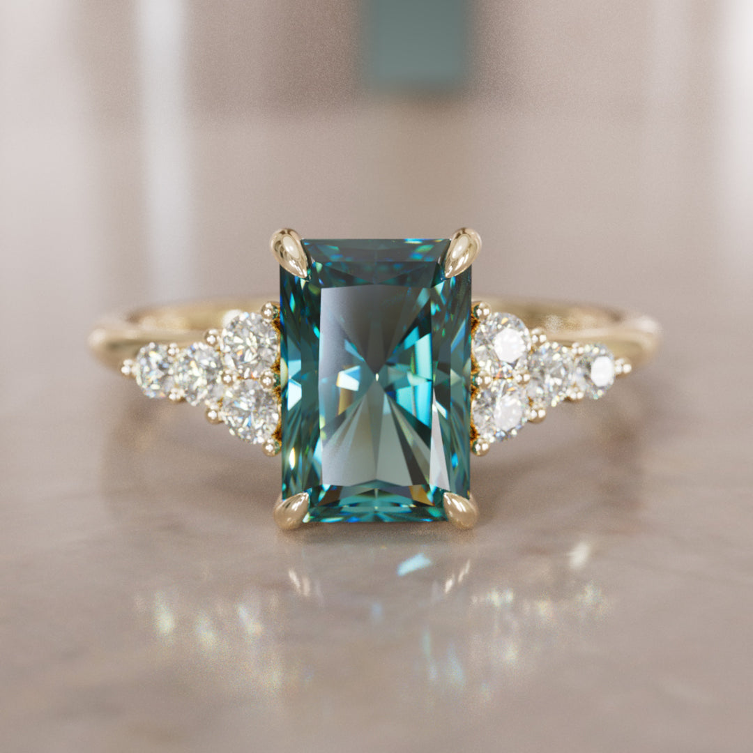 Unique Engagement Ring Five Stone Emerald Cut Teal Sapphire and Diamonds By Valley Rose