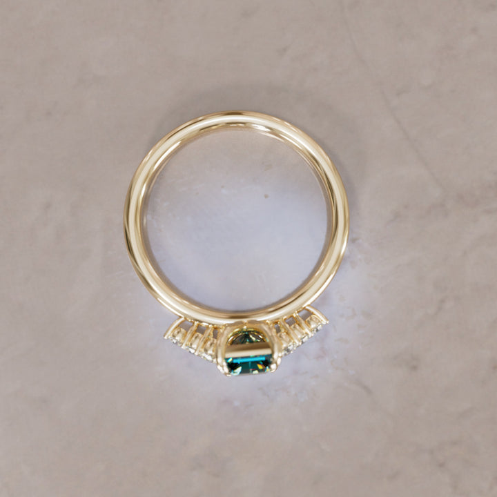 Unique Engagement Ring Five Stone Emerald Cut Teal Sapphire and Diamonds By Valley Rose