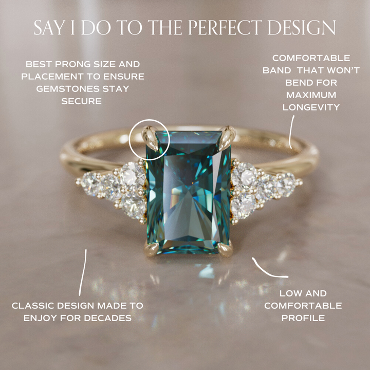 Unique Engagement Ring Five Stone Emerald Cut Teal Sapphire and Diamonds By Valley Rose