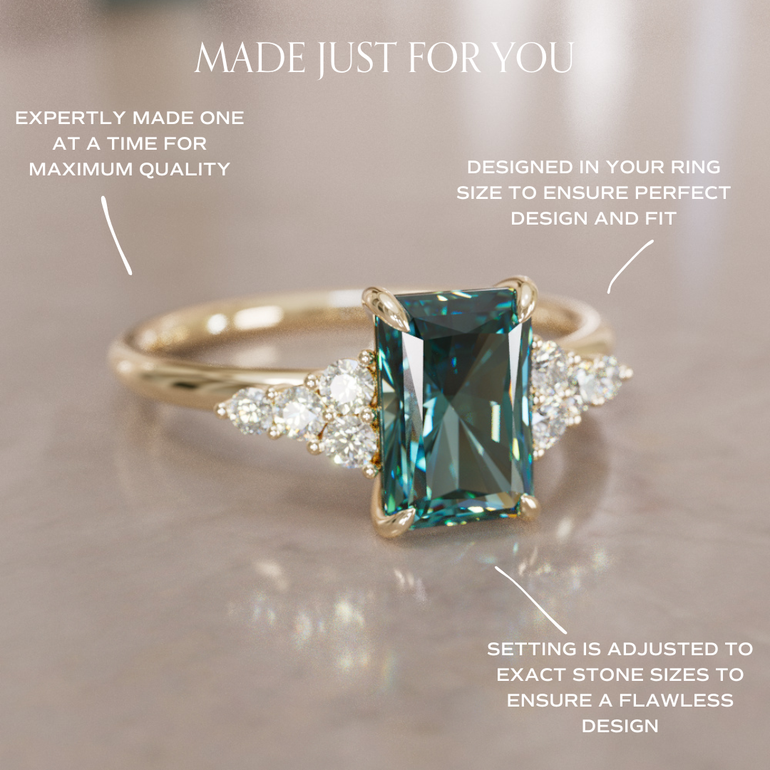 Unique Engagement Ring Five Stone Emerald Cut Teal Sapphire and Diamonds By Valley Rose