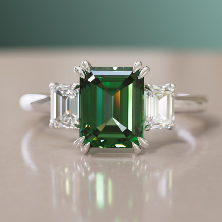Unique Engagement Ring, Green Sapphire Emerald Cut Three Stone By Valley Rose