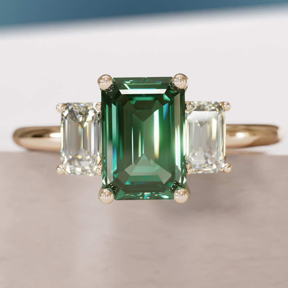 Unique Engagement Ring, Green Sapphire Emerald Cut Three Stone By Valley Rose