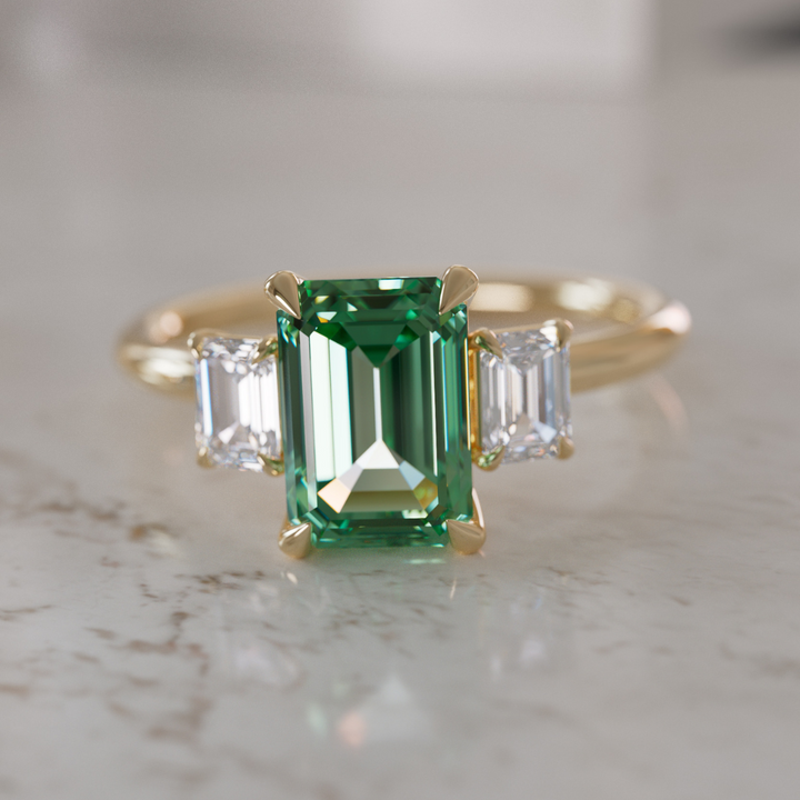 Unique Engagement Ring, Green Sapphire Emerald Cut Three Stone By Valley Rose