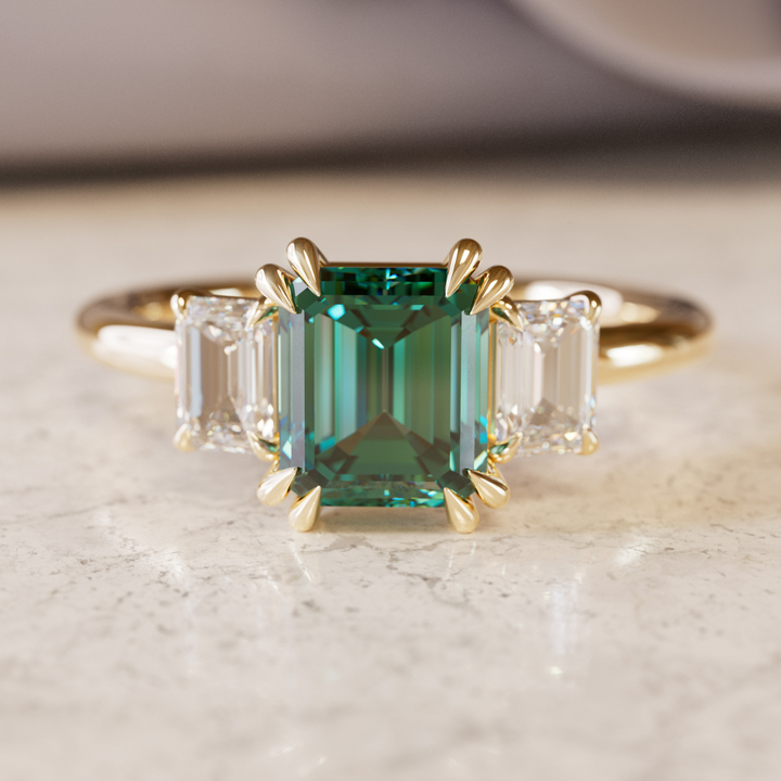 Unique Engagement Ring, Green Sapphire Emerald Cut Three Stone By Valley Rose