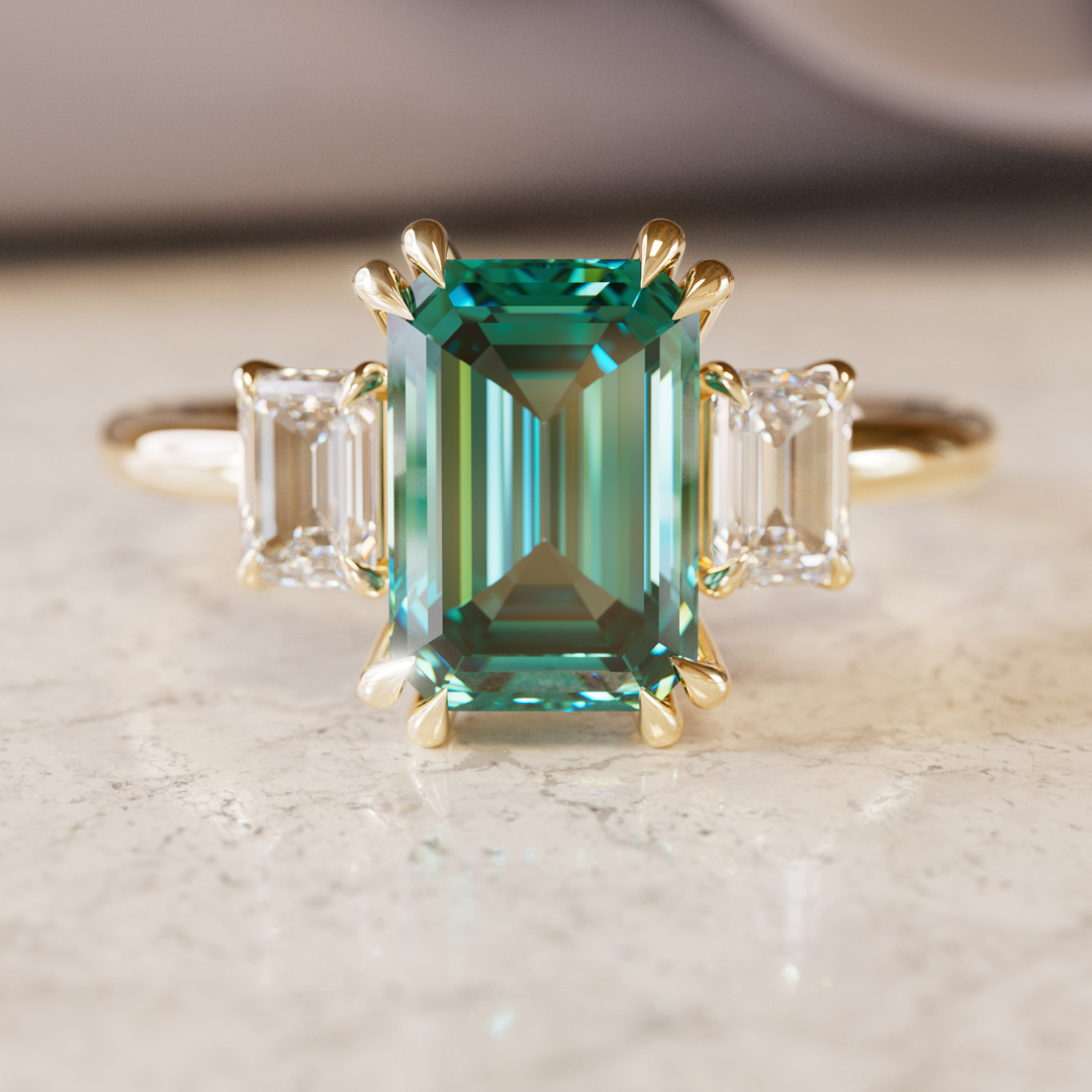 Unique Engagement Ring, Green Sapphire Emerald Cut Three Stone By Valley Rose