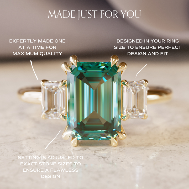 Unique Engagement Ring, Green Sapphire Emerald Cut Three Stone By Valley Rose