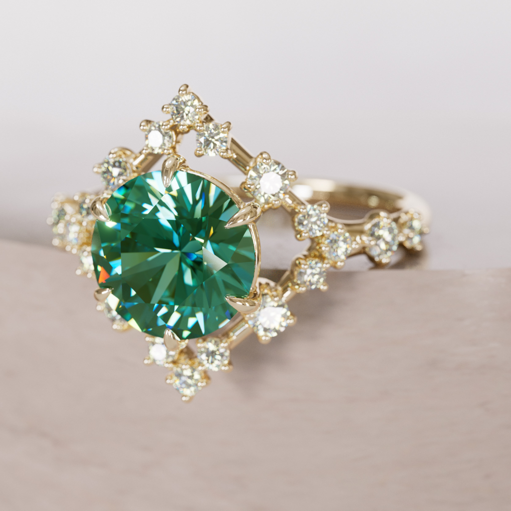 Unique Engagement Ring with Diamonds Celestial Halo and 2ct Round green Sapphire By Valley Rose