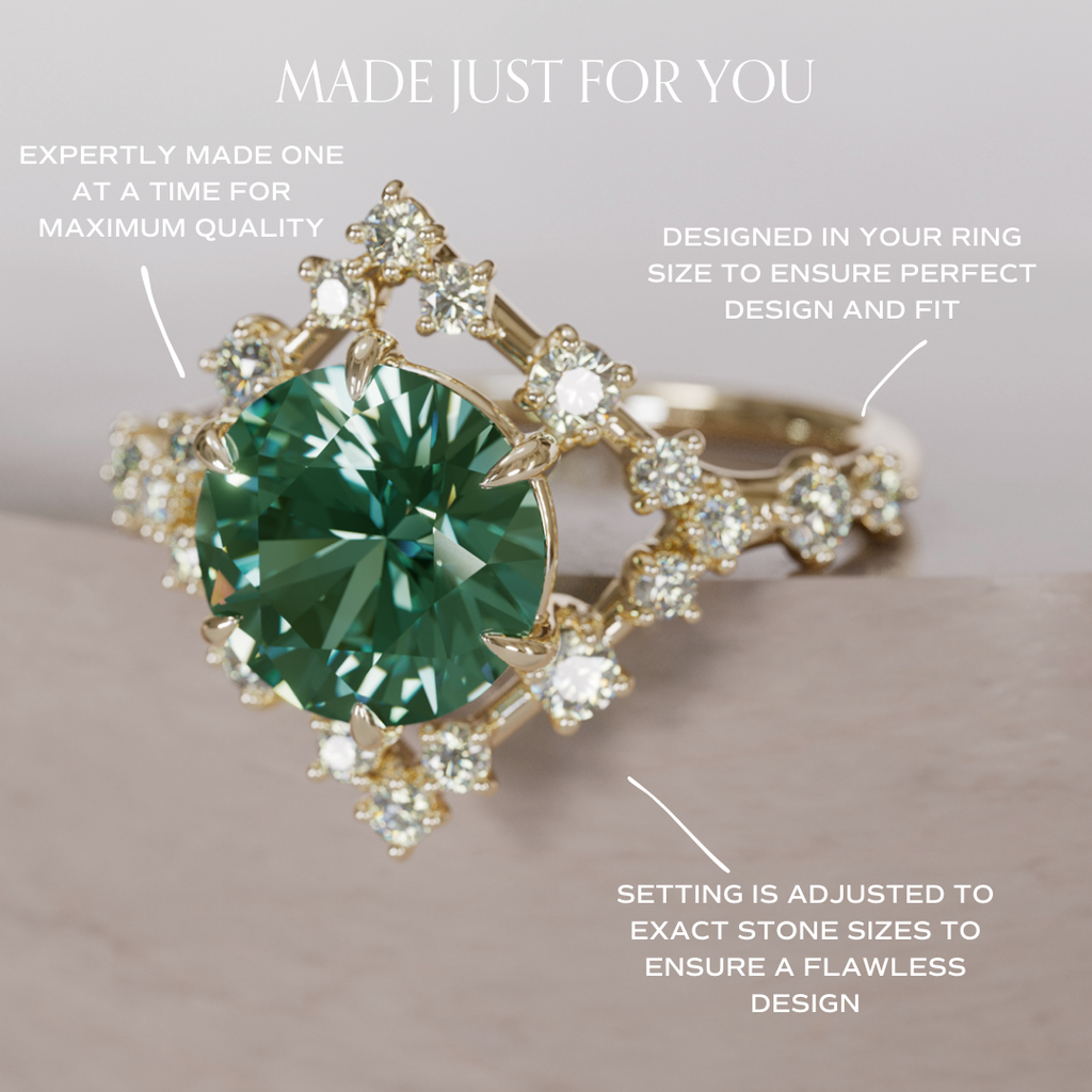 Unique Engagement Ring with Diamonds Celestial Halo and 2ct Round green Sapphire By Valley Rose