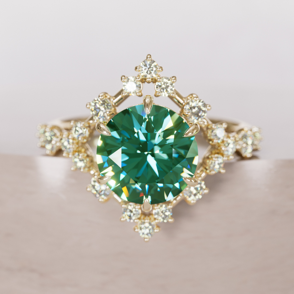 Unique Engagement Ring with Diamonds Celestial Halo and 2ct Round green Sapphire By Valley Rose