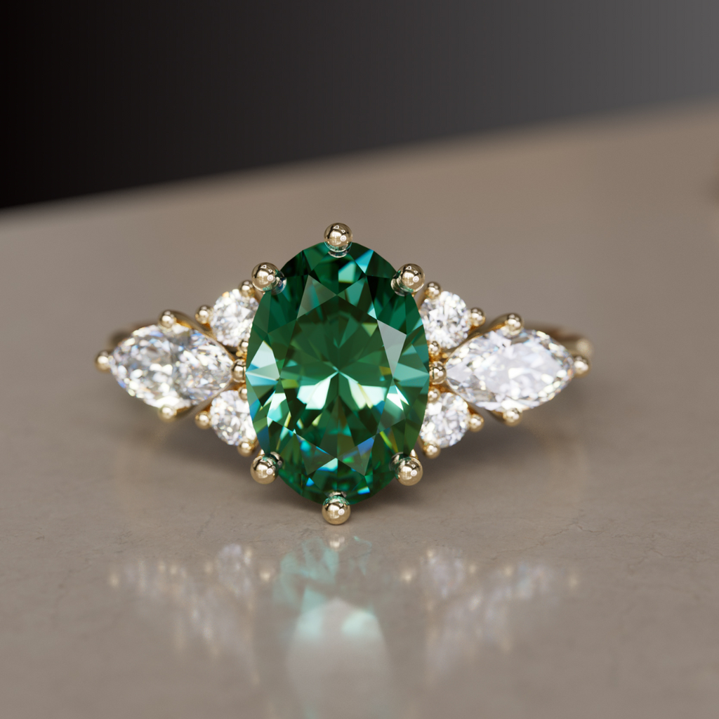 Unique Engagement Ring with Oval Green Sapphire and Diamonds By Valley Rose