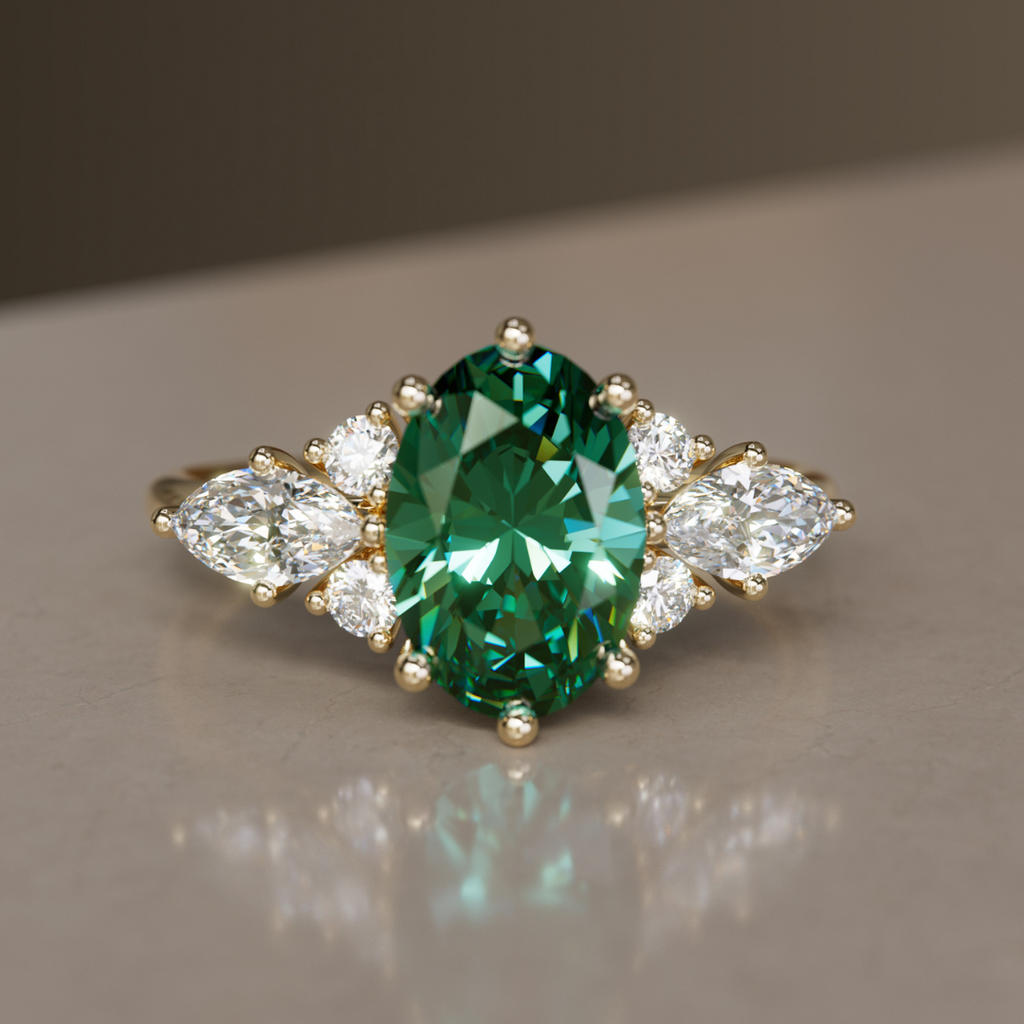 Unique Engagement Ring with Oval Green Sapphire and Diamonds By Valley Rose