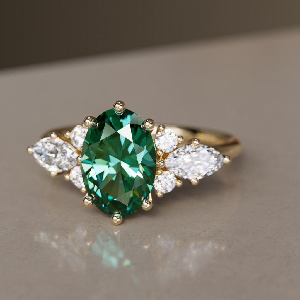 Unique Engagement Ring with Oval Green Sapphire and Diamonds By Valley Rose