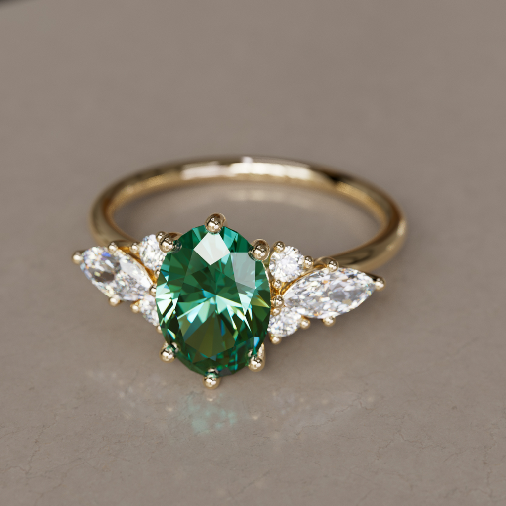 Unique Engagement Ring with Oval Green Sapphire and Diamonds By Valley Rose