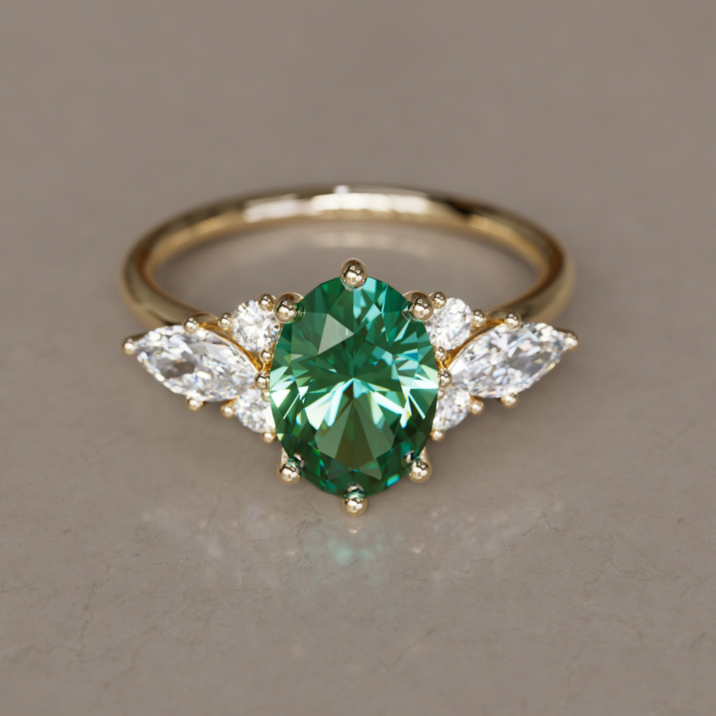 Unique Engagement Ring with Oval Green Sapphire and Diamonds By Valley Rose