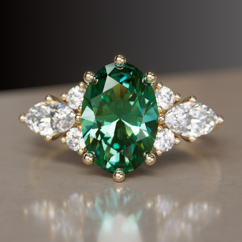 Unique Engagement Ring with Oval Green Sapphire and Diamonds By Valley Rose