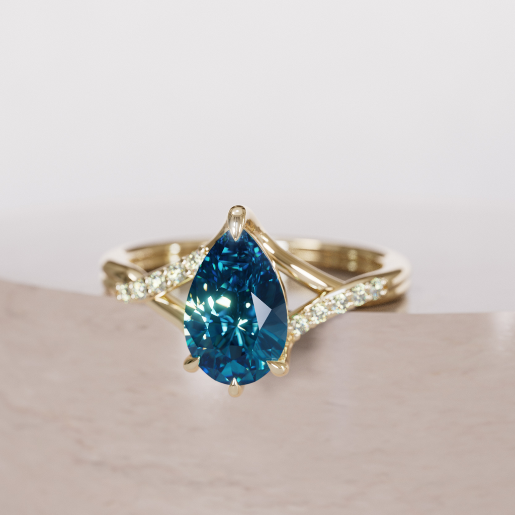 Unique Engagement Ring with Pear Blue Sapphire Diamond Crossover By Valley Rose