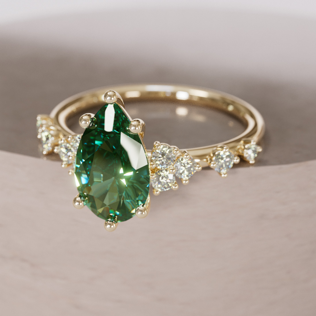 Unique Engagement Ring with Pear Green Sapphire and Diamonds By Valley Rose