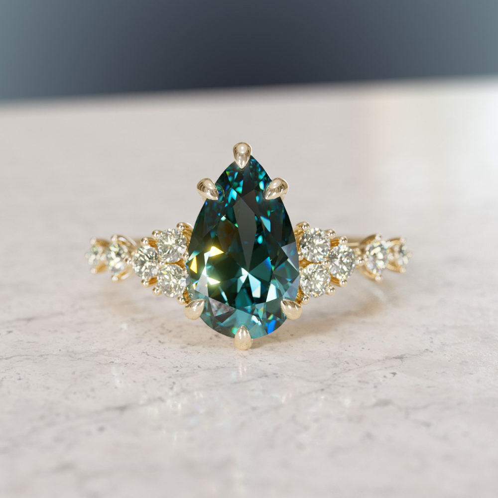 Unique Engagement Ring with Pear Teal Sapphire and Diamonds By Valley Rose