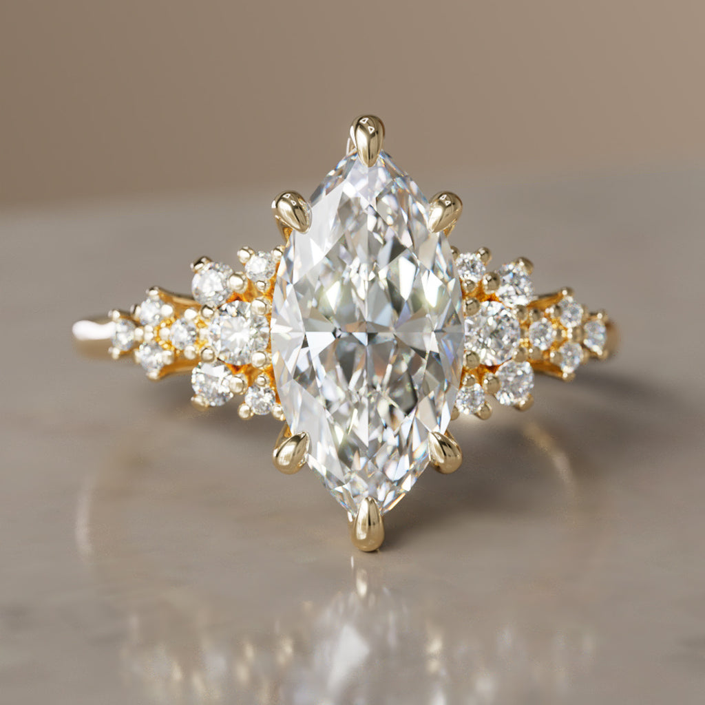 Unique Fantasy Flower Engagement Ring with Marquise Cut Diamond By Valley Rose