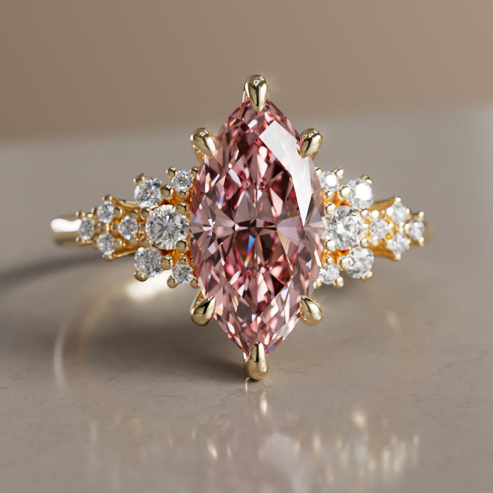 Unique Fantasy Flower Engagement Ring with Marquise Cut Pink Diamond By Valley Rose