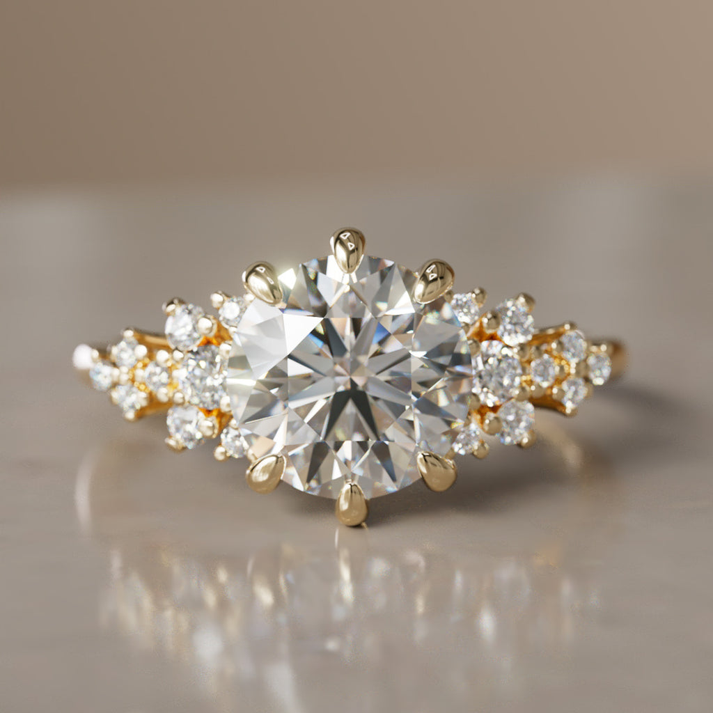 Unique Fantasy Flower Engagement Ring with Round Cut Diamond By Valley Rose