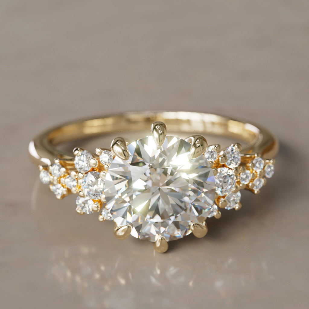 Unique Fantasy Flower Engagement Ring with Round Cut Diamond By Valley Rose
