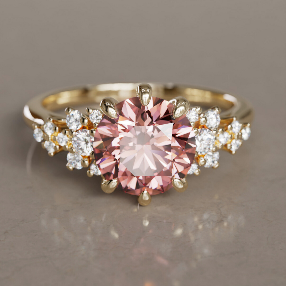 Unique Fantasy Flower Engagement Ring with Round Cut Pink Diamond By Valley Rose