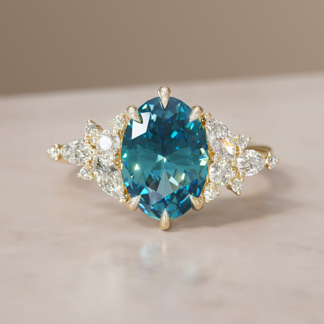 Unique Flower Oval Cut Blue Sapphire Engagement Ring By Valley Rose