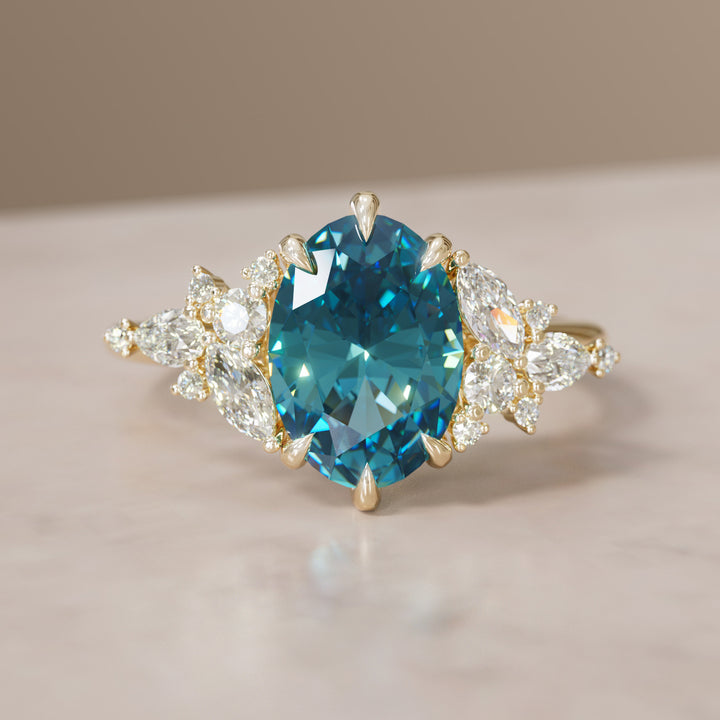 Unique Flower Oval Cut Blue Sapphire Engagement Ring By Valley Rose