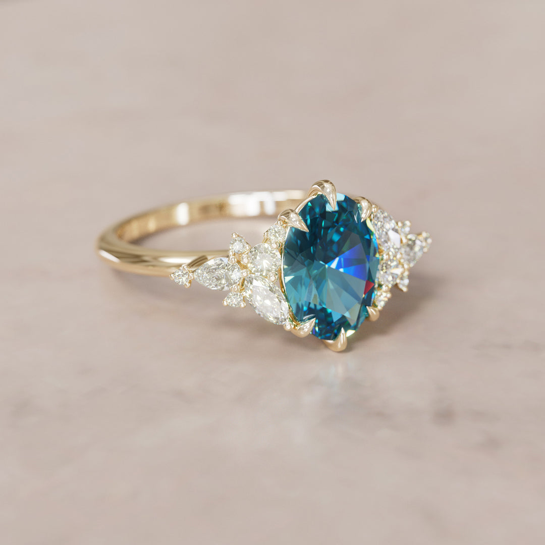 Unique Flower Oval Cut Blue Sapphire Engagement Ring By Valley Rose