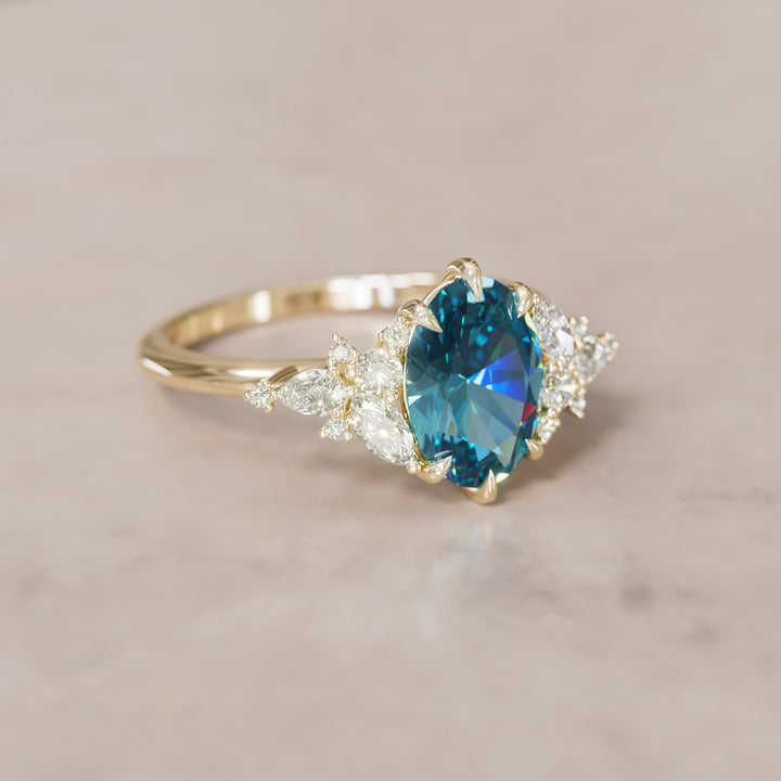 Unique Flower Oval Cut Blue Sapphire Engagement Ring By Valley Rose