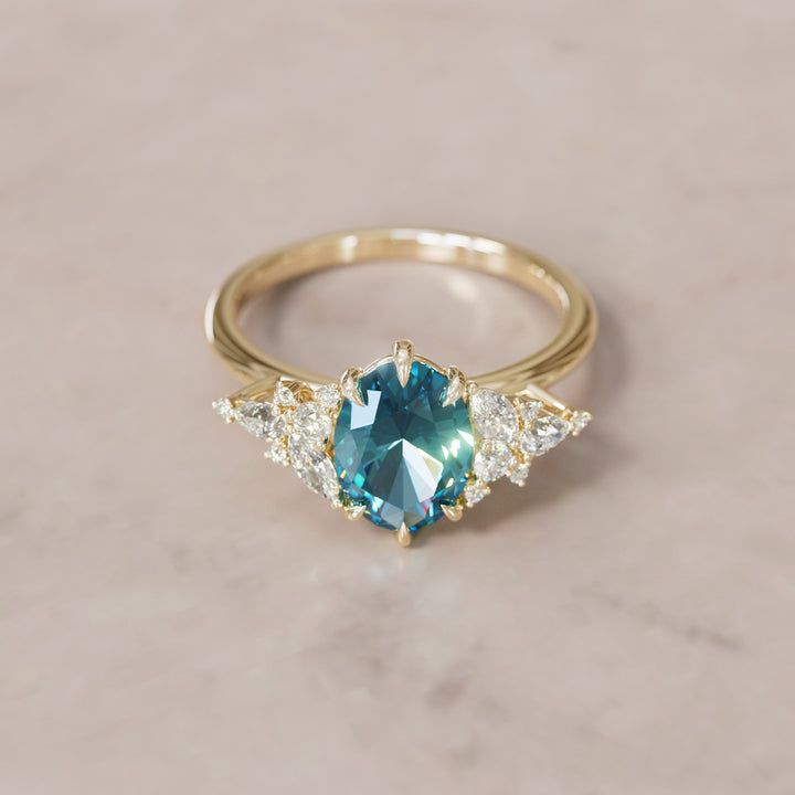 Unique Flower Oval Cut Blue Sapphire Engagement Ring By Valley Rose