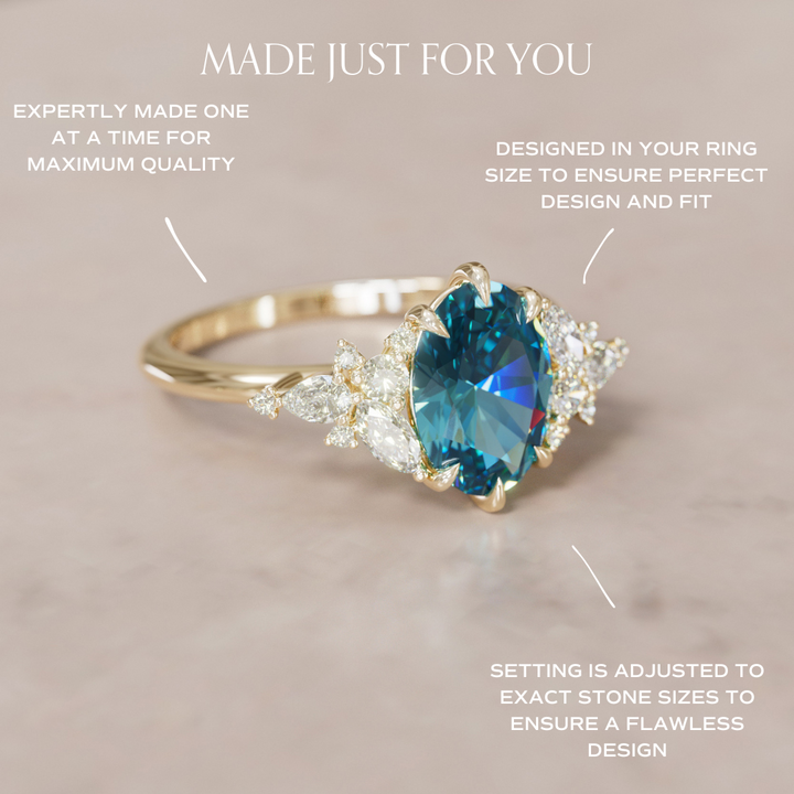 Unique Flower Oval Cut Blue Sapphire Engagement Ring By Valley Rose