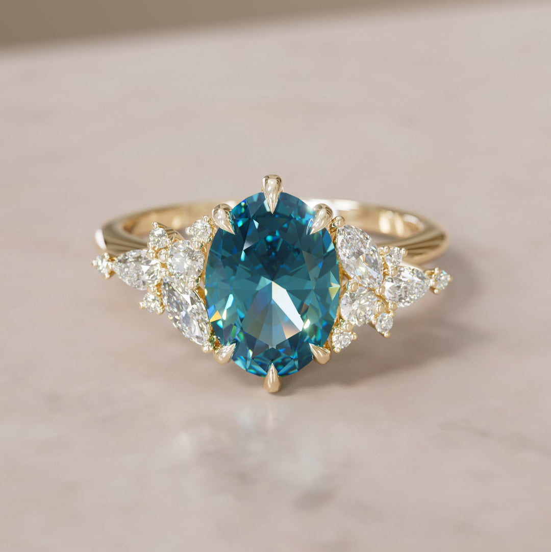 Unique Flower Oval Cut Blue Sapphire Engagement Ring By Valley Rose