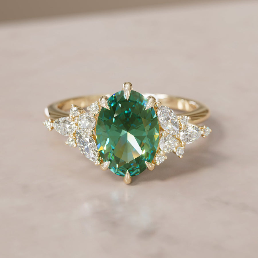 Unique Flower Oval Cut Green Sapphire Engagement Ring By Valley Rose