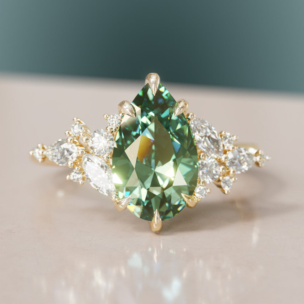 Unique Flower Pear Cut Green Sapphire Engagement Ring By Valley Rose