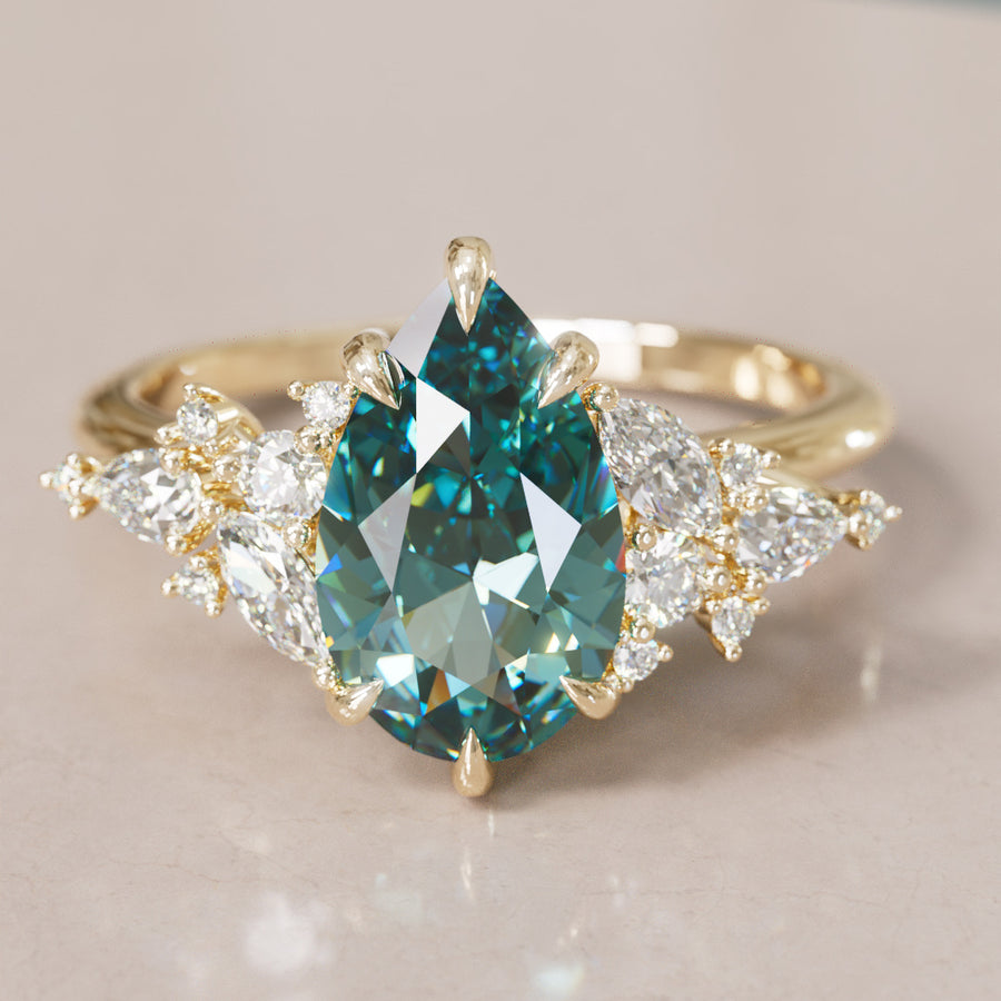 Unique Flower Pear Cut Teal Sapphire Engagement Ring By Valley Rose