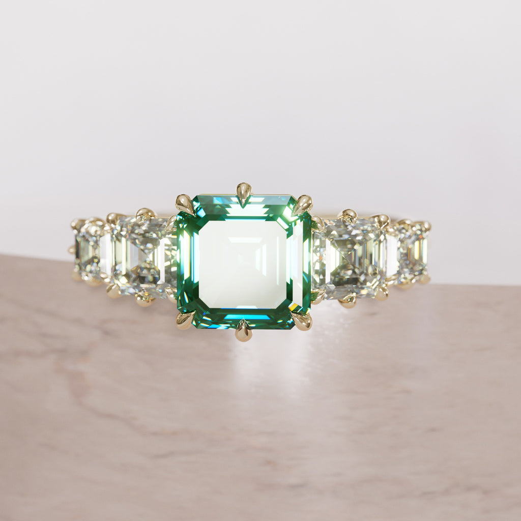Unique Green Sapphire and Diamond Engagement Ring, Asscher Cut Five Stone By Valley Rose