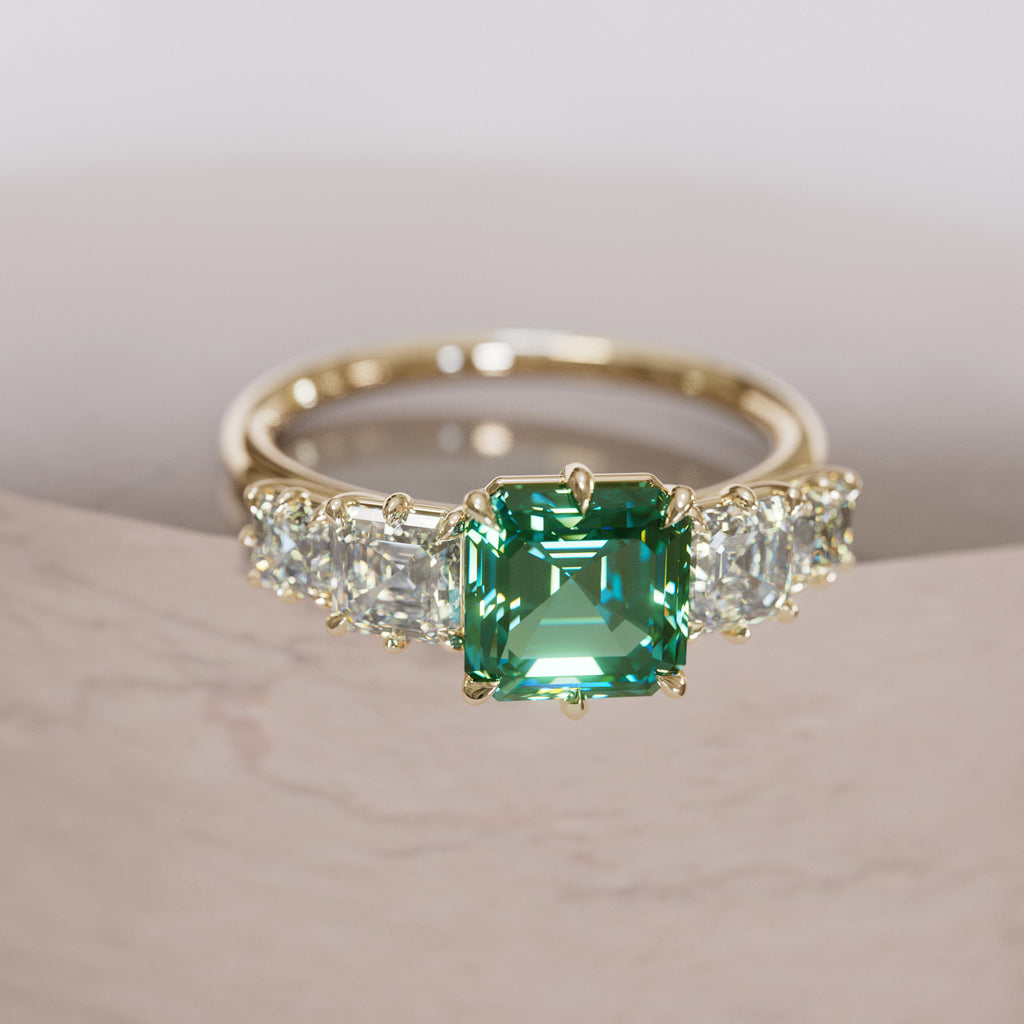 Unique Green Sapphire and Diamond Engagement Ring, Asscher Cut Five Stone By Valley Rose