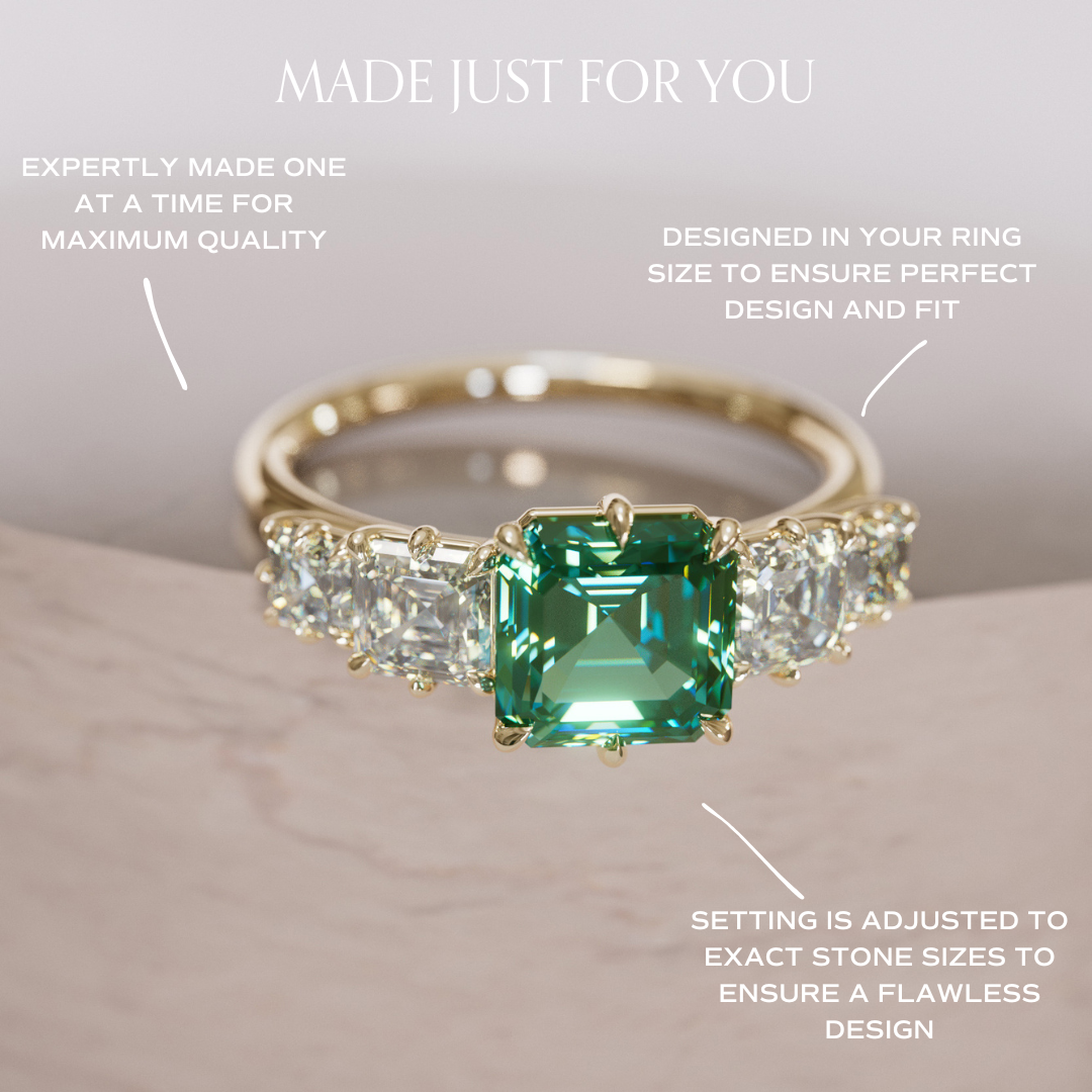 Unique Green Sapphire and Diamond Engagement Ring, Asscher Cut Five Stone By Valley Rose