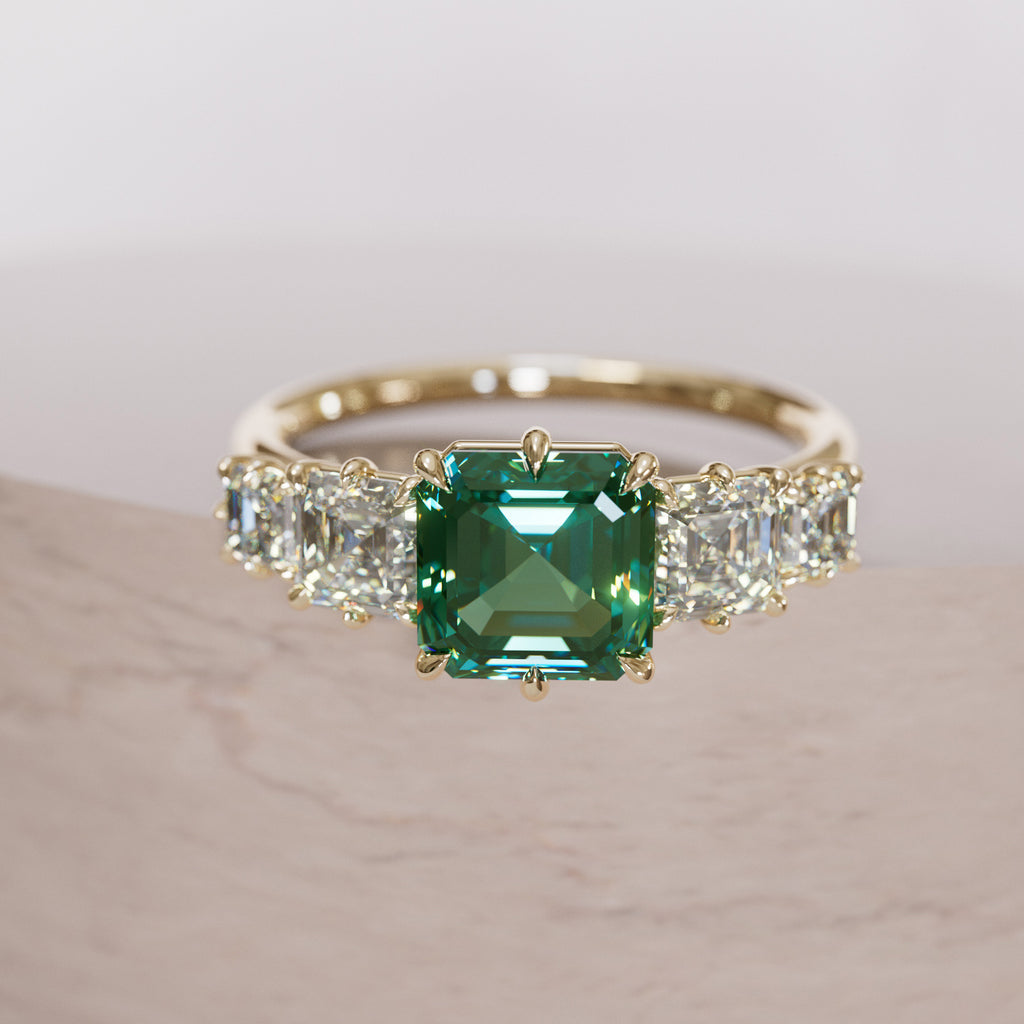Unique Green Sapphire and Diamond Engagement Ring, Asscher Cut Five Stone By Valley Rose