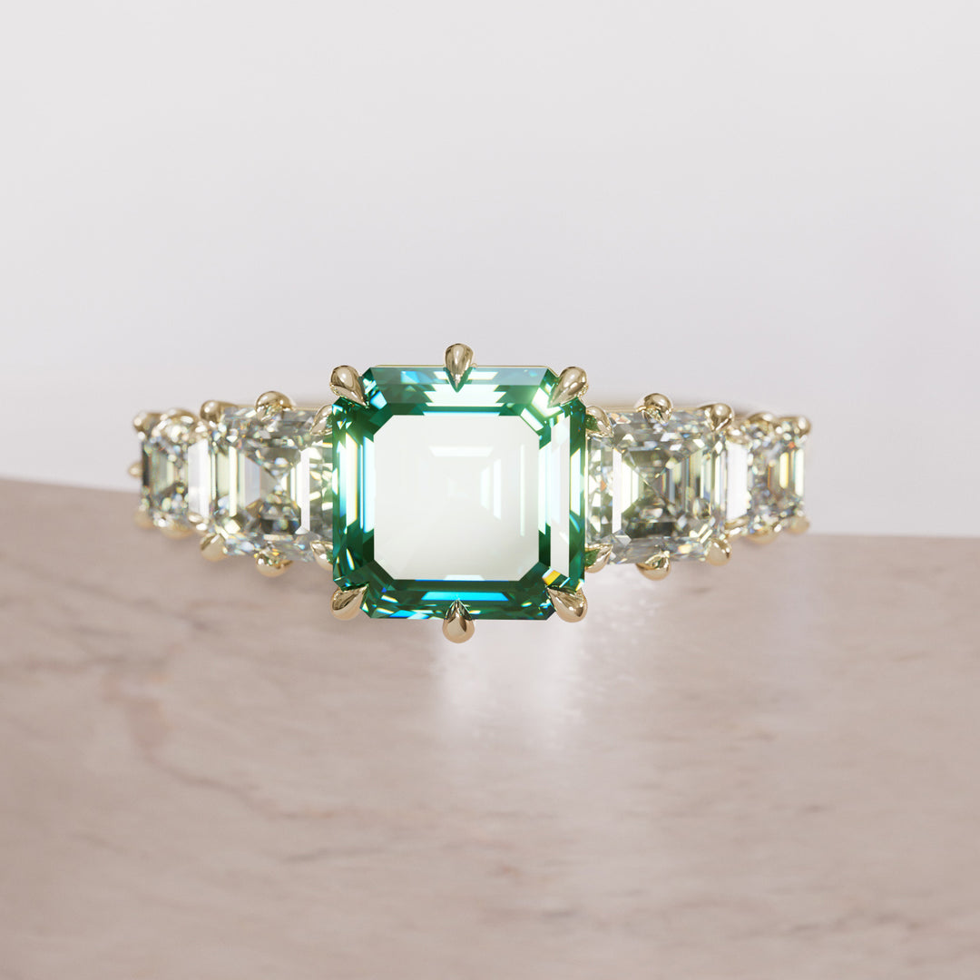 Unique Green Sapphire and Diamond Engagement Ring, Asscher Cut Five Stone By Valley Rose