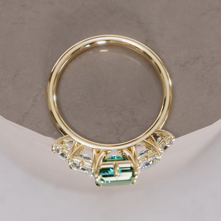 Unique Green Sapphire and Diamond Engagement Ring, Asscher Cut Five Stone By Valley Rose
