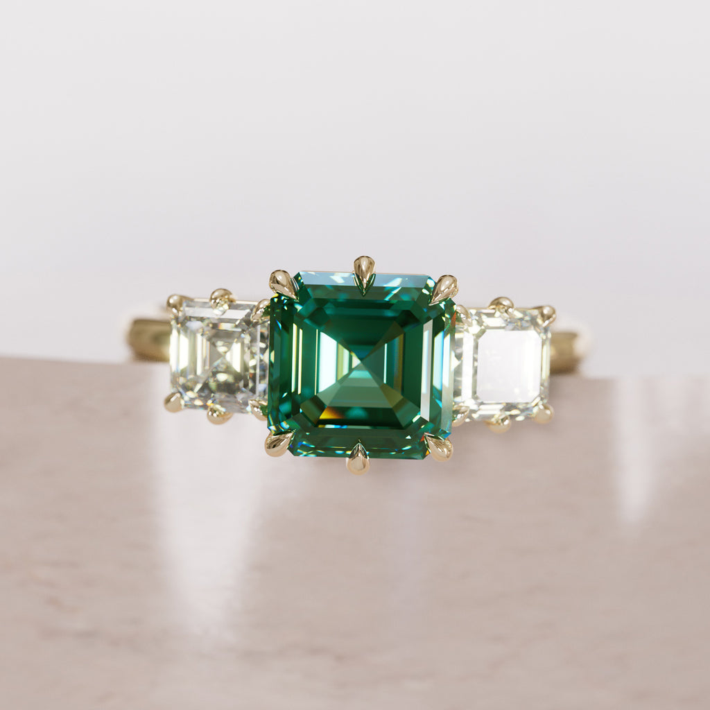 Unique Green Sapphire and Diamond Engagement Ring, Asscher Cut Three Stone By Valley Rose