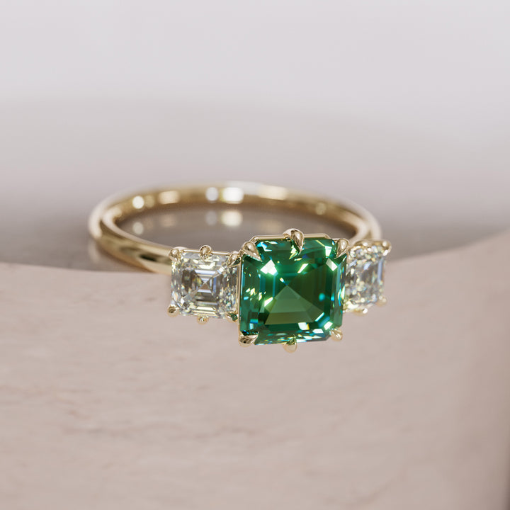 Unique Green Sapphire and Diamond Engagement Ring, Asscher Cut Three Stone By Valley Rose