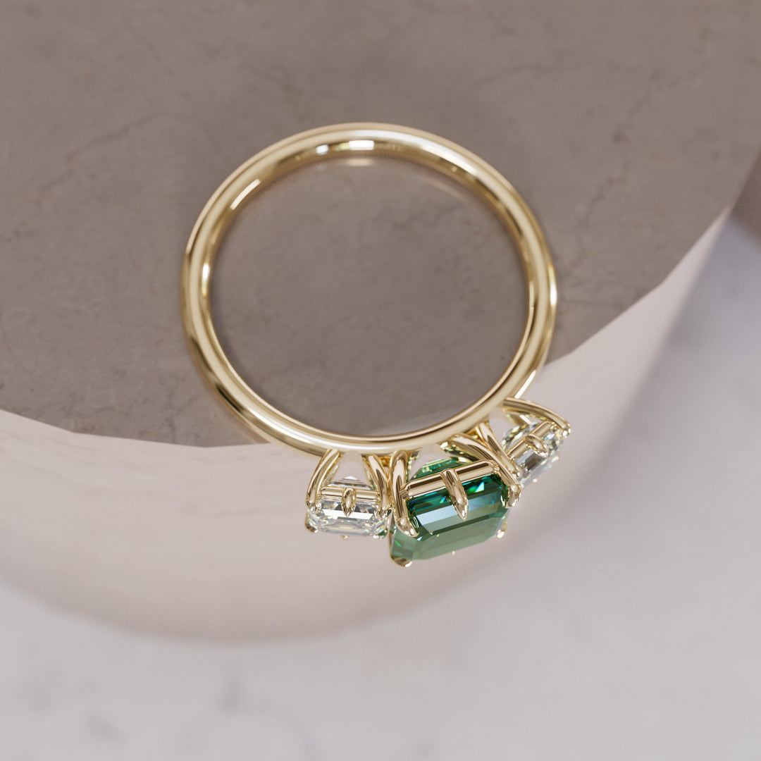 Unique Green Sapphire and Diamond Engagement Ring, Asscher Cut Three Stone By Valley Rose