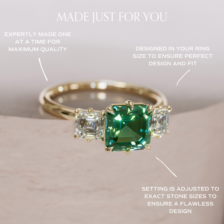 Unique Green Sapphire and Diamond Engagement Ring, Asscher Cut Three Stone By Valley Rose